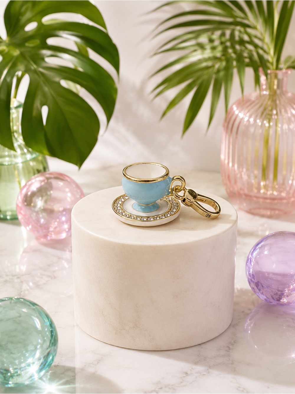 Juicy Couture Gold-Trim Crystal-Halo Blue Teacup Charm / Pendant / Keychain